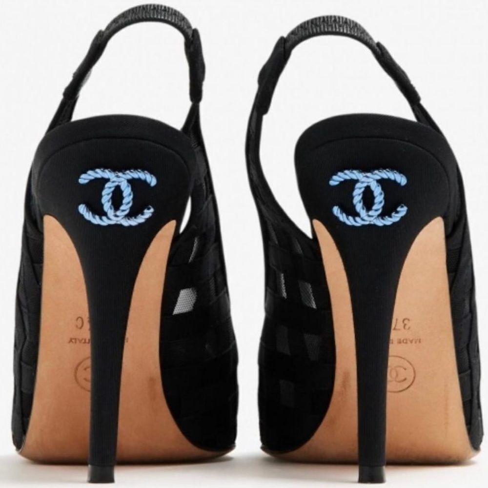 CHANEL Black Diamond Pattern Mesh CC Logo Cap Toe Slingback Sandals Size… - Picture 4 of 15